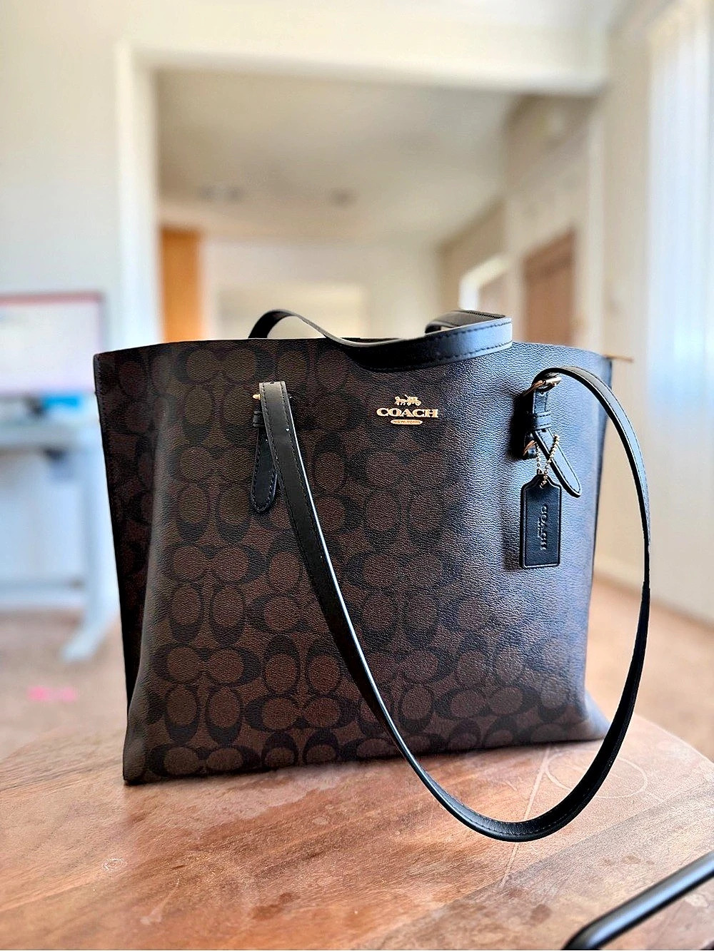 COACH City Tote In Signature Canvas Tote Brown & Black